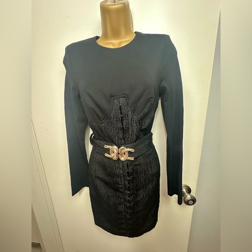 Bebe Black Vintage InspiredRetro Corset Underwire Gold Interlocking Belt Dress 4